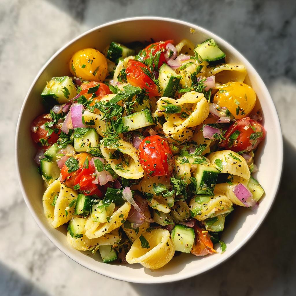 A vibrant bowl of summer pasta salad featuring shell pasta, cherry tomatoes, cucumber, red onion, and fresh herbs.