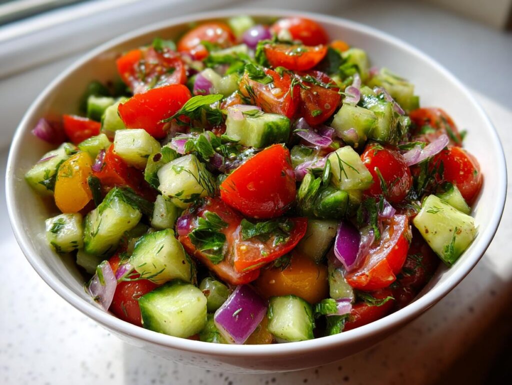 A close-up of a vibrant herb pasta salad featuring chopped tomatoes, cucumbers, red onion, and fresh herbs.