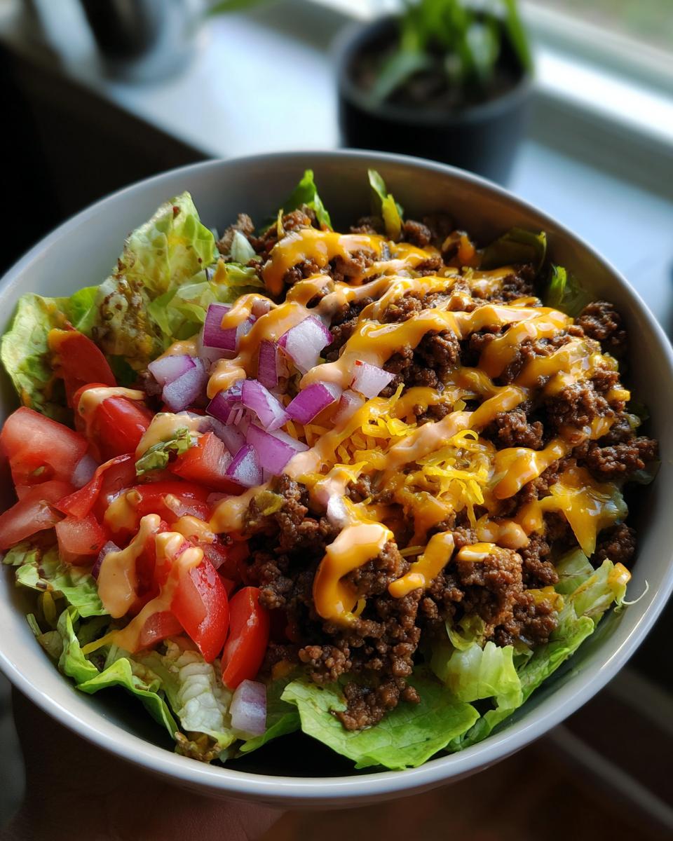 A delicious High-Protein Cheeseburger Bowl with seasoned ground beef, shredded cheese, lettuce, tomatoes, and red onion, drizzled with sauce.