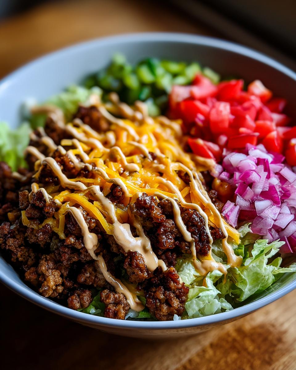 A delicious High-Protein Cheeseburger Bowl filled with seasoned ground beef, shredded cheese, lettuce, tomatoes, onions, and a drizzle of sauce.
