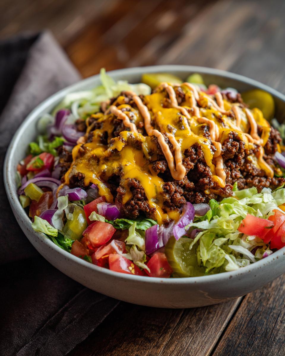 A delicious High-Protein Cheeseburger Bowl with seasoned ground beef, melted cheddar cheese, lettuce, tomatoes, onions, pickles, and a drizzle of sauce.