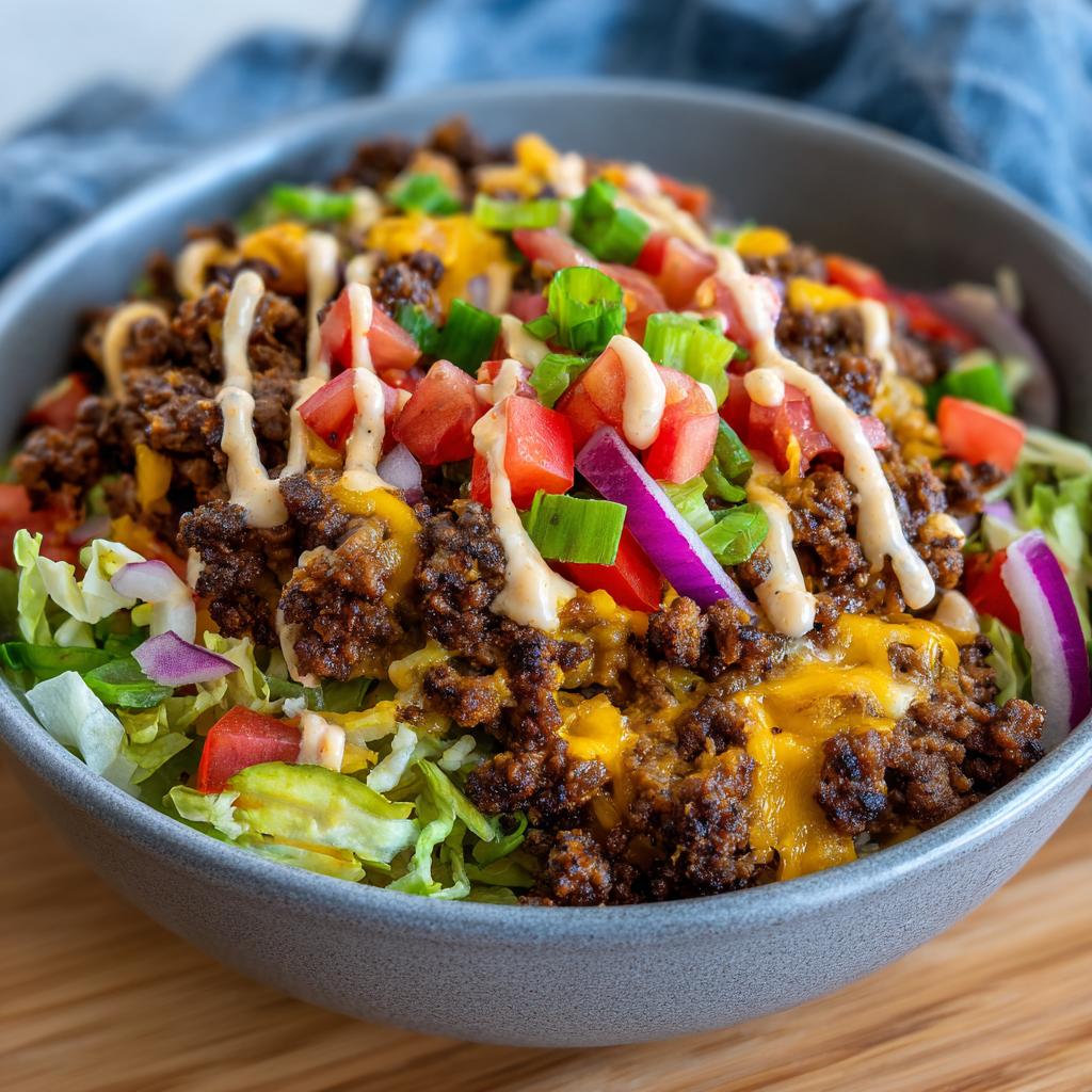A delicious High-Protein Cheeseburger Bowl filled with seasoned ground beef, shredded lettuce, cheese, tomatoes, onions, and a drizzle of sauce.