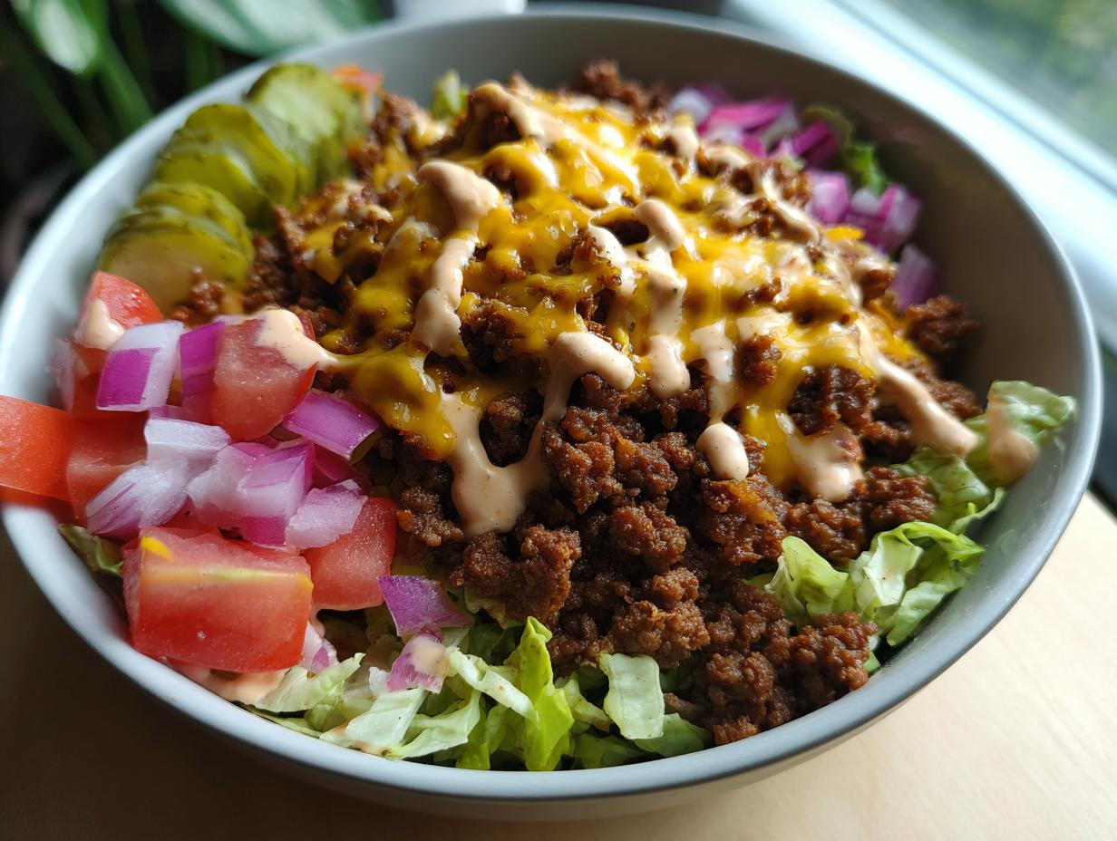 A bowl filled with a High-Protein Cheeseburger Bowl recipe, featuring seasoned ground beef, melted cheese, lettuce, tomatoes, red onion, pickles, and a drizzle of sauce.