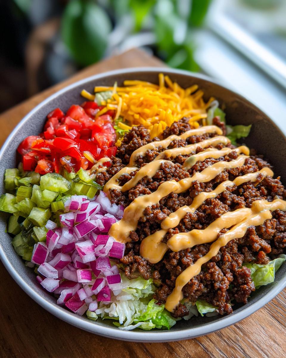 A delicious High-Protein Cheeseburger Bowl with seasoned ground beef, chopped tomatoes, pickles, red onion, shredded cheese, and a drizzle of sauce.