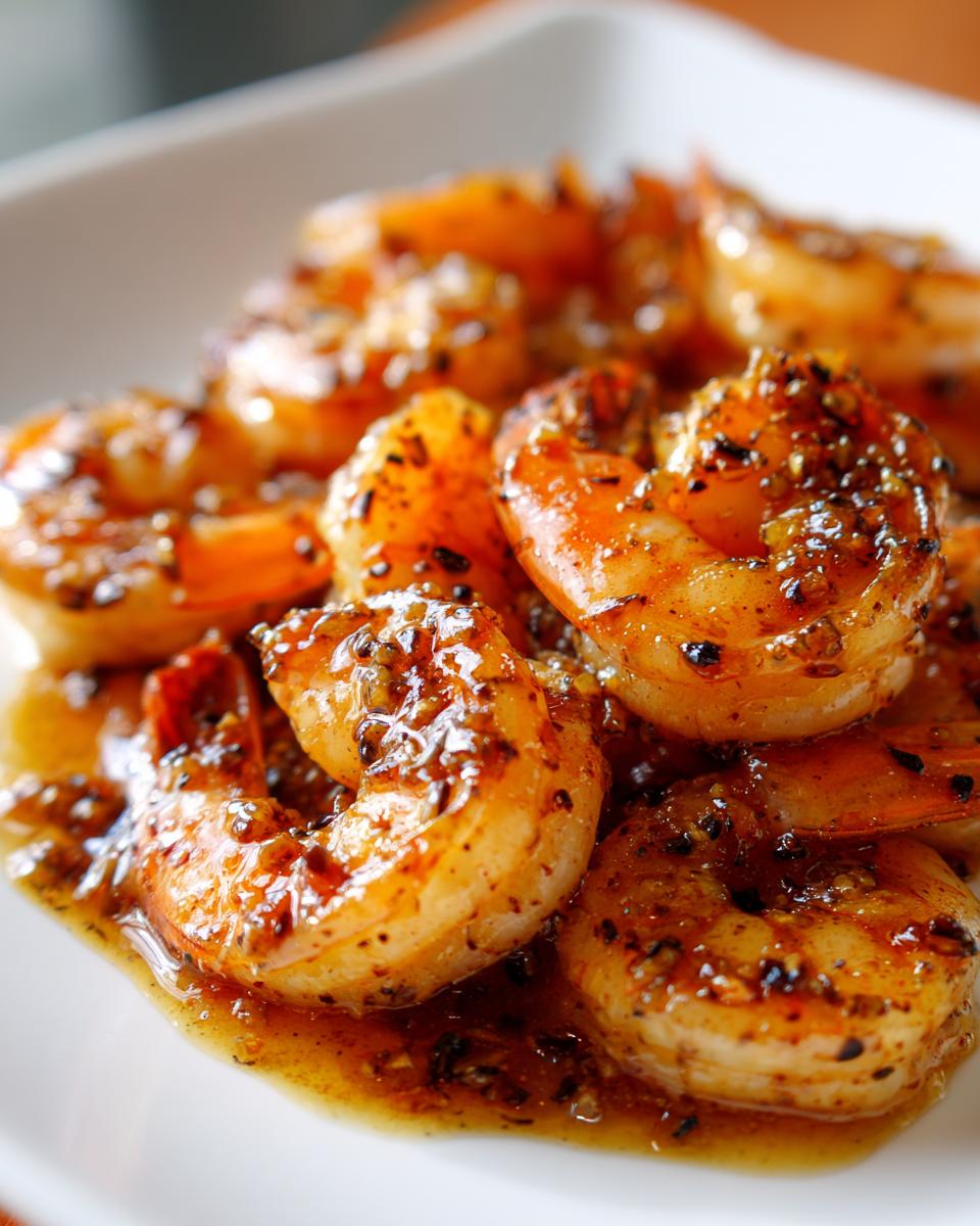 A close-up of glistening High-Protein Honey Garlic Shrimp coated in a rich sauce with visible garlic and spices.