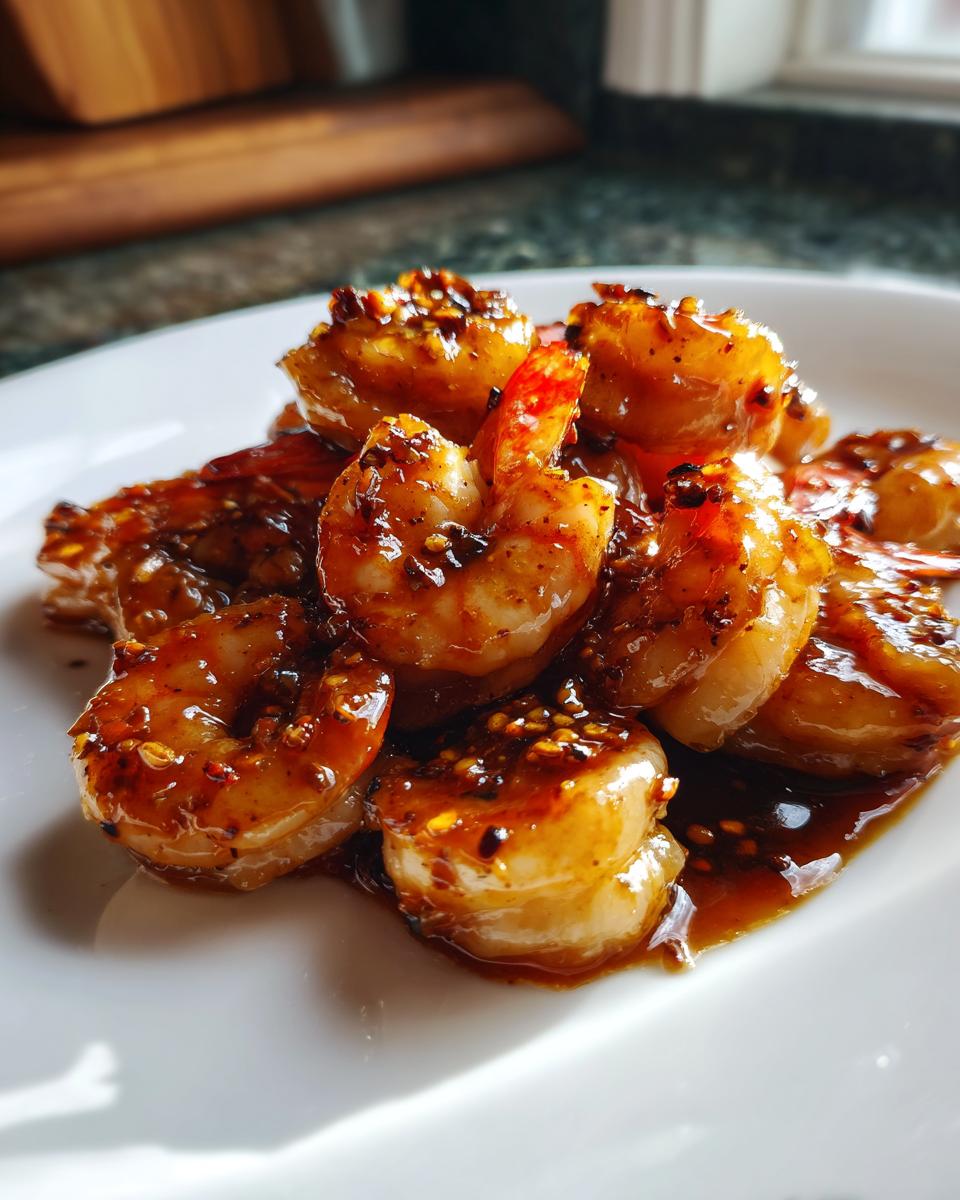 A plate of glistening High-Protein Honey Garlic Shrimp coated in a rich, glossy sauce with visible spices.