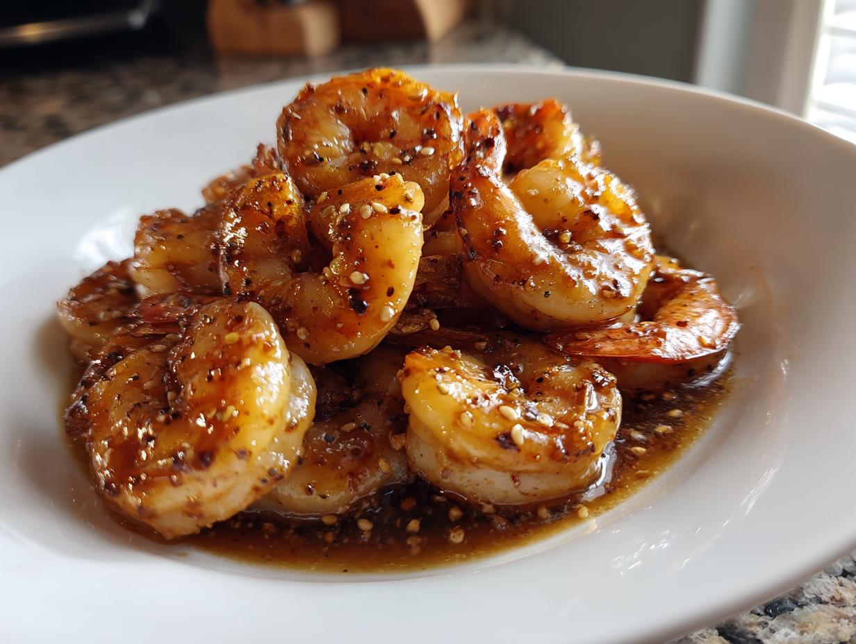 A close-up of glistening High-Protein Honey Garlic Shrimp in a white bowl, coated in a savory sauce with sesame seeds.
