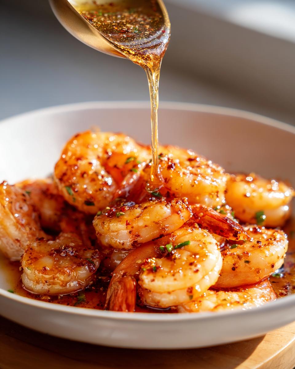 A close-up of glistening High-Protein Honey Garlic Shrimp being drizzled with sauce from a spoon.