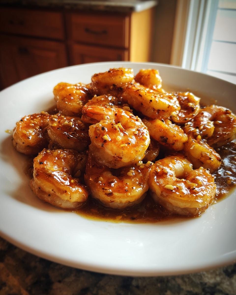 A close-up of a white plate filled with glistening High-Protein Honey Garlic Shrimp, coated in a savory sauce.