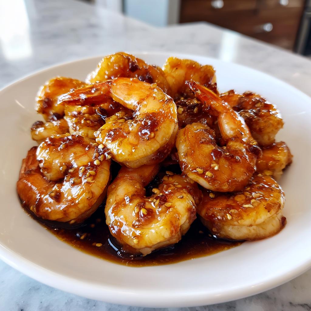 A close-up of a white bowl filled with glistening High-Protein Honey Garlic Shrimp coated in a rich, glossy sauce and sprinkled with sesame seeds.