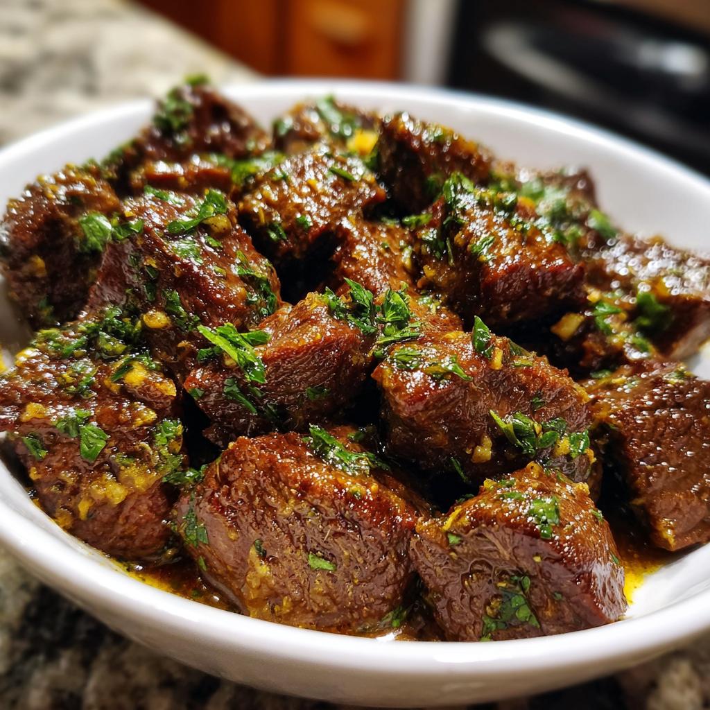 A bowl of tender High Protein Slow Cooker Garlic Butter Beef Bites, glistening with sauce and topped with fresh parsley.