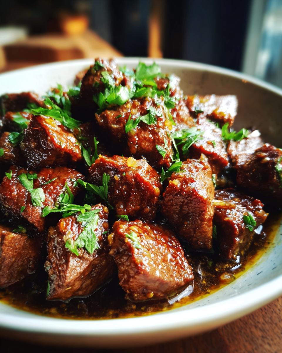 Close-up of tender High Protein Slow Cooker Garlic Butter Beef Bites, seasoned and garnished with fresh parsley.