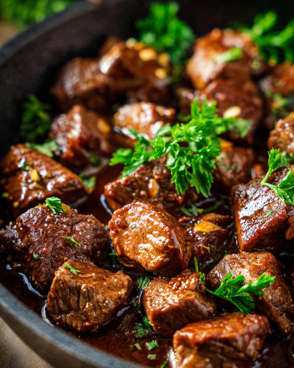 Close-up of tender High Protein Slow Cooker Garlic Butter Beef Bites in a rich sauce, garnished with fresh parsley.