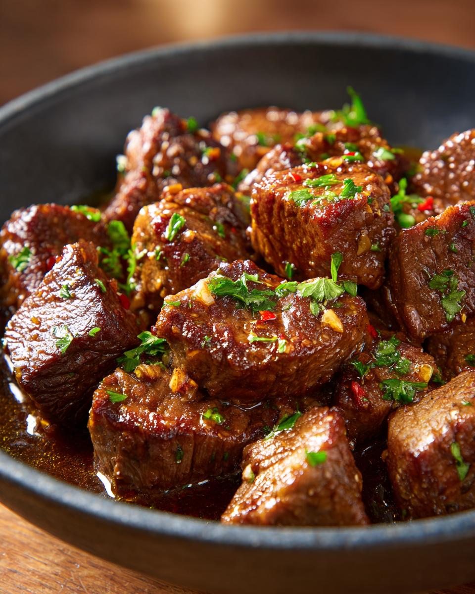Close-up of tender High Protein Slow Cooker Garlic Butter Beef Bites in a dark bowl, garnished with parsley and chili flakes.