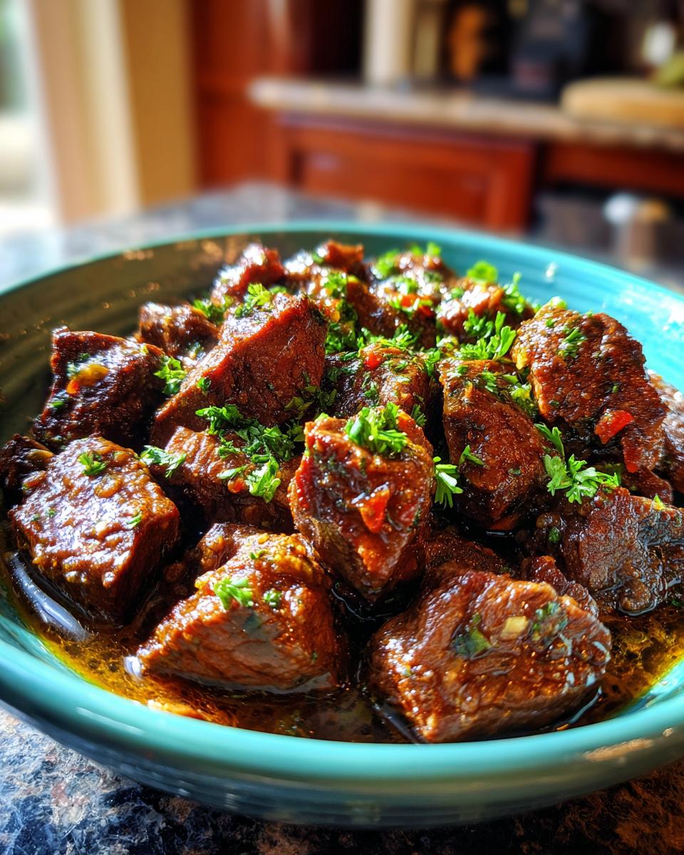 Close-up of tender High Protein Slow Cooker Garlic Butter Beef Bites in a teal bowl, garnished with fresh parsley.