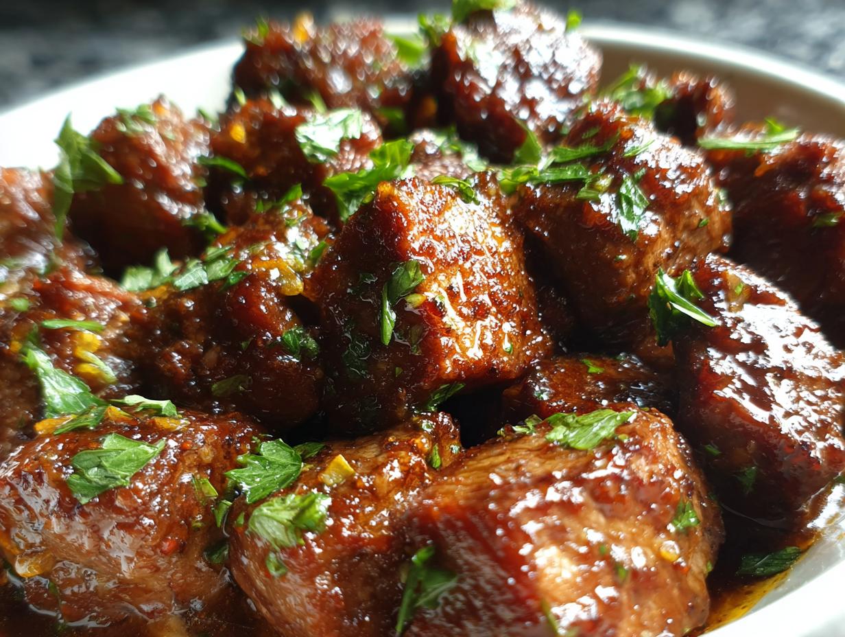 Close-up of tender High Protein Slow Cooker Garlic Butter Beef Bites coated in a glossy sauce and sprinkled with fresh parsley.