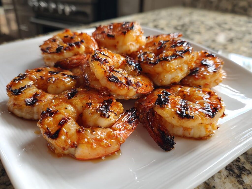 Close-up of grilled honey lime shrimp on a white plate, showcasing grill marks and a glossy glaze.