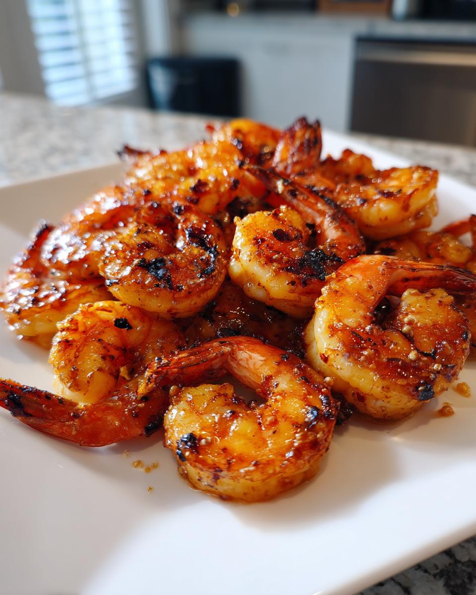Close-up of grilled honey lime shrimp on a white plate, showcasing their glazed texture and char marks.