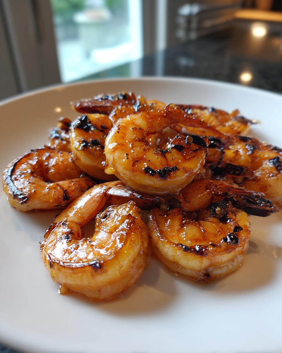 Close-up of grilled honey lime shrimp on a white plate, showcasing char marks and a glossy glaze.