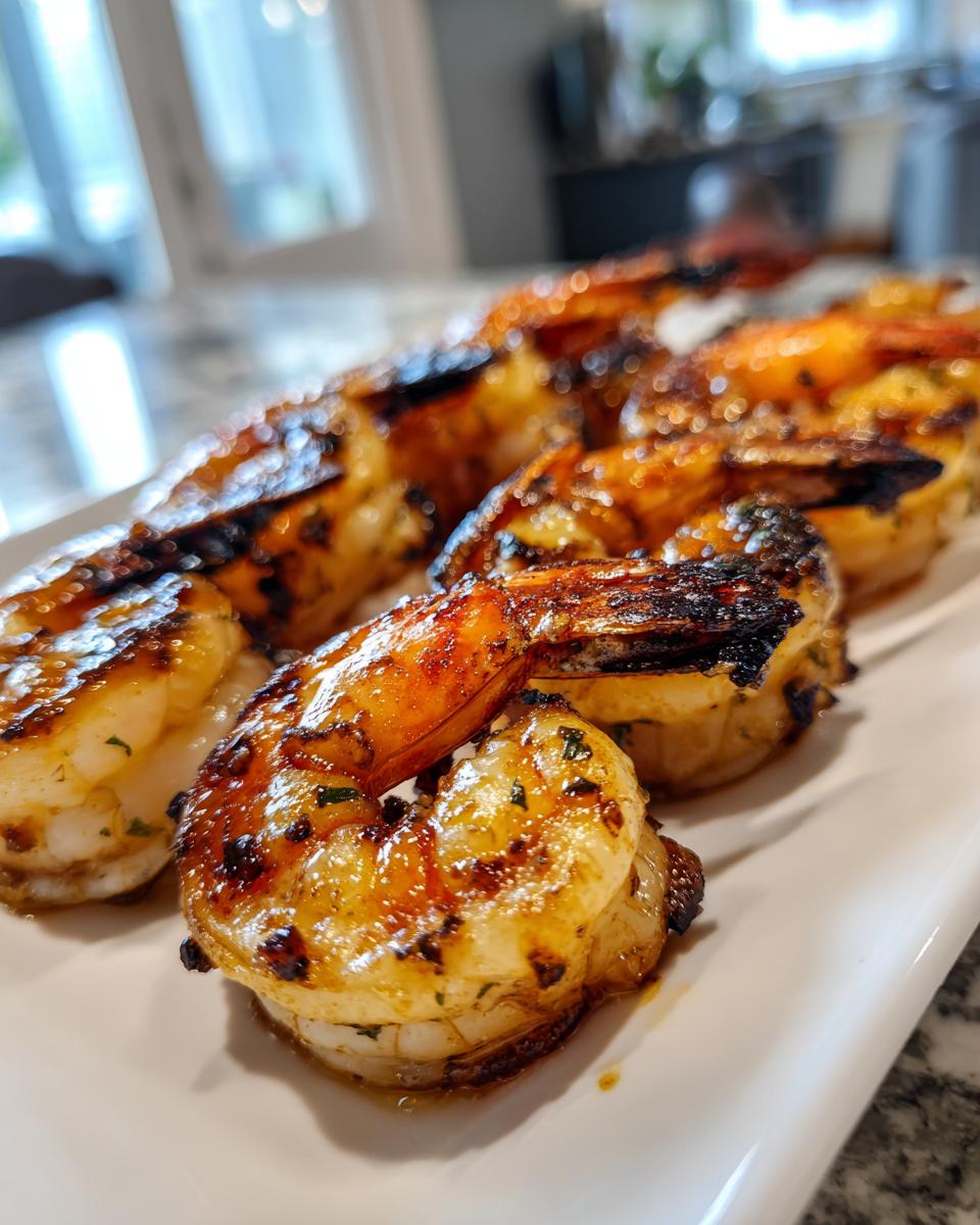 Close-up of grilled honey lime shrimp on a white platter, showcasing their glossy glaze and char marks.