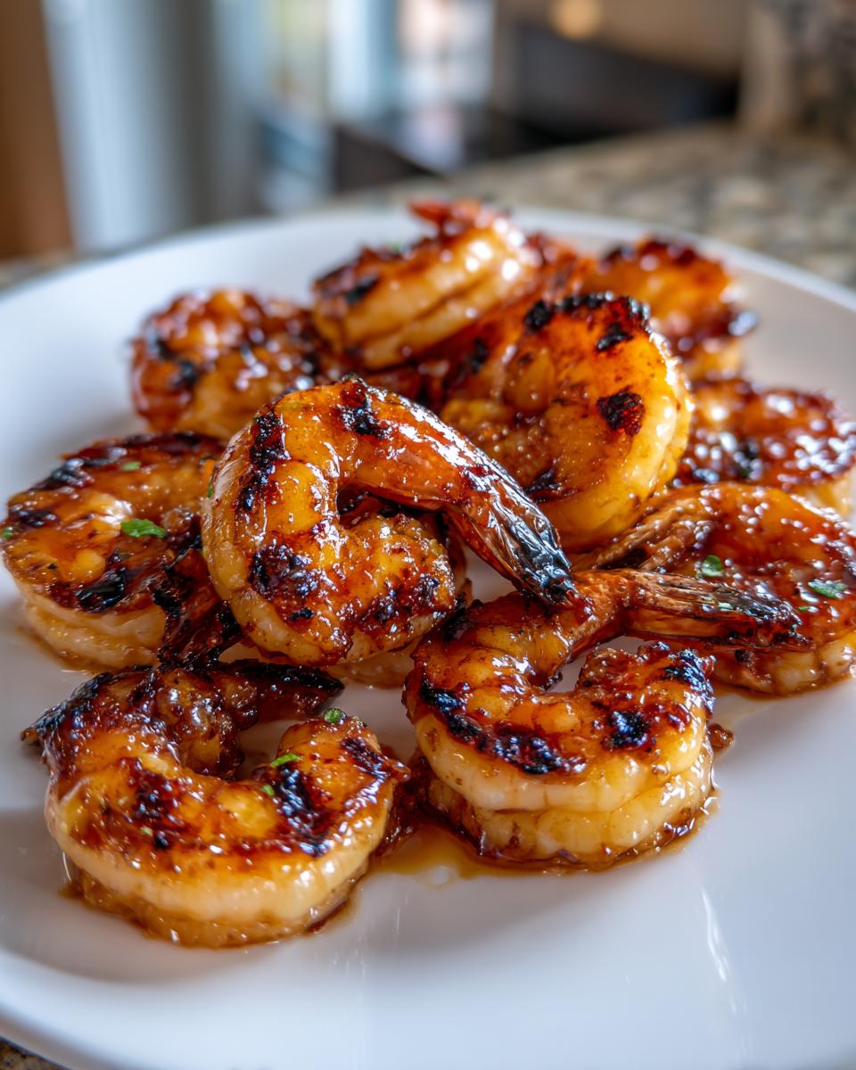 A plate of perfectly grilled honey lime shrimp, glistening with sauce and grill marks, ready for a fast cookout.