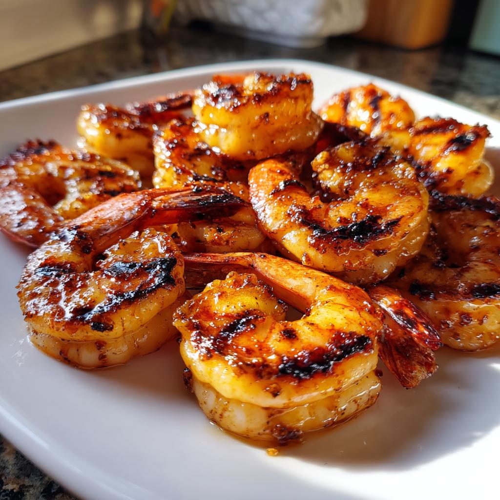 Close-up of perfectly grilled honey lime shrimp with char marks, glistening on a white plate.
