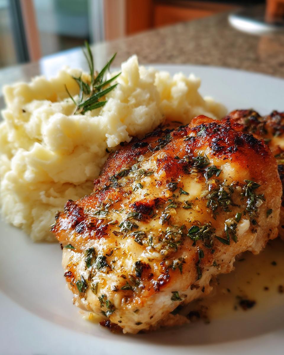 Close-up of Irresistible Garlic Herb Chicken served with creamy mashed potatoes and a sprig of rosemary.