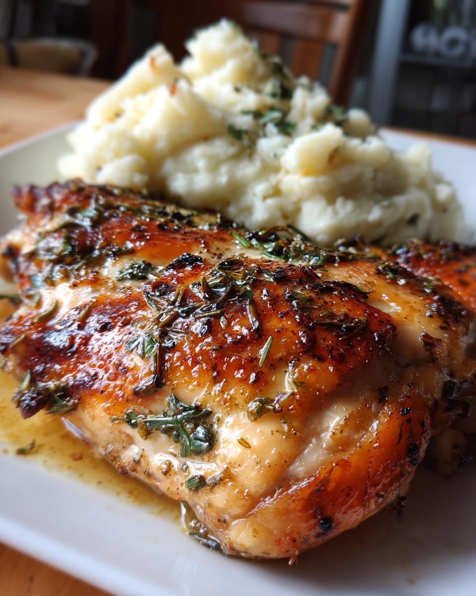 Close-up of Irresistible Garlic Herb Chicken served with creamy mashed potatoes, garnished with herbs.