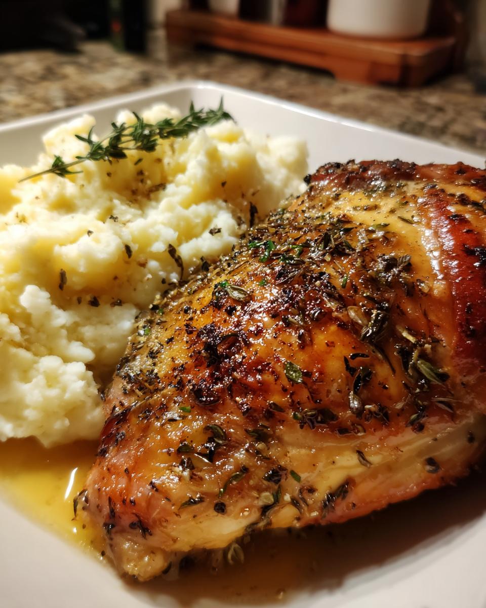 Close-up of Irresistible Garlic Herb Chicken served with creamy mashed potatoes and a sprig of thyme.