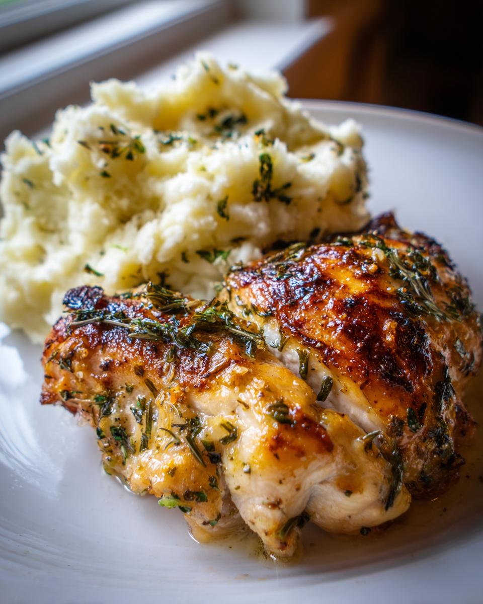 A close-up of Irresistible Garlic Herb Chicken served with creamy mashed potatoes, garnished with herbs.