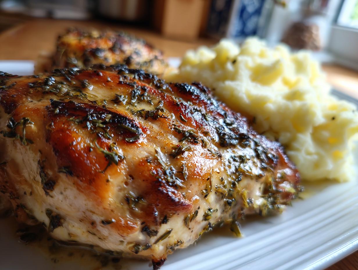 Close-up of Irresistible Garlic Herb Chicken served with creamy mashed potatoes on a white plate.