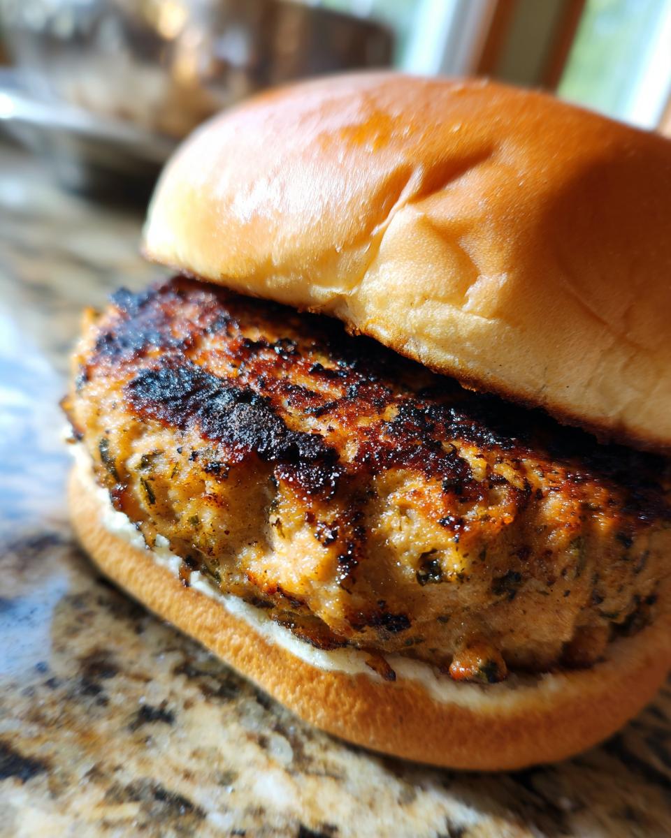 Close-up of a juicy grilled turkey burger on a bun, showcasing its perfectly seared exterior.