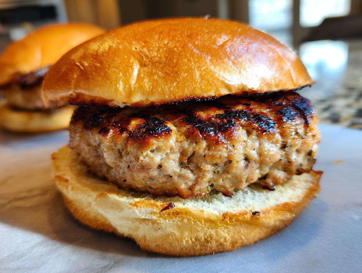 Close-up of a perfectly grilled turkey burger on a toasted bun, showcasing its juicy texture and grill marks.