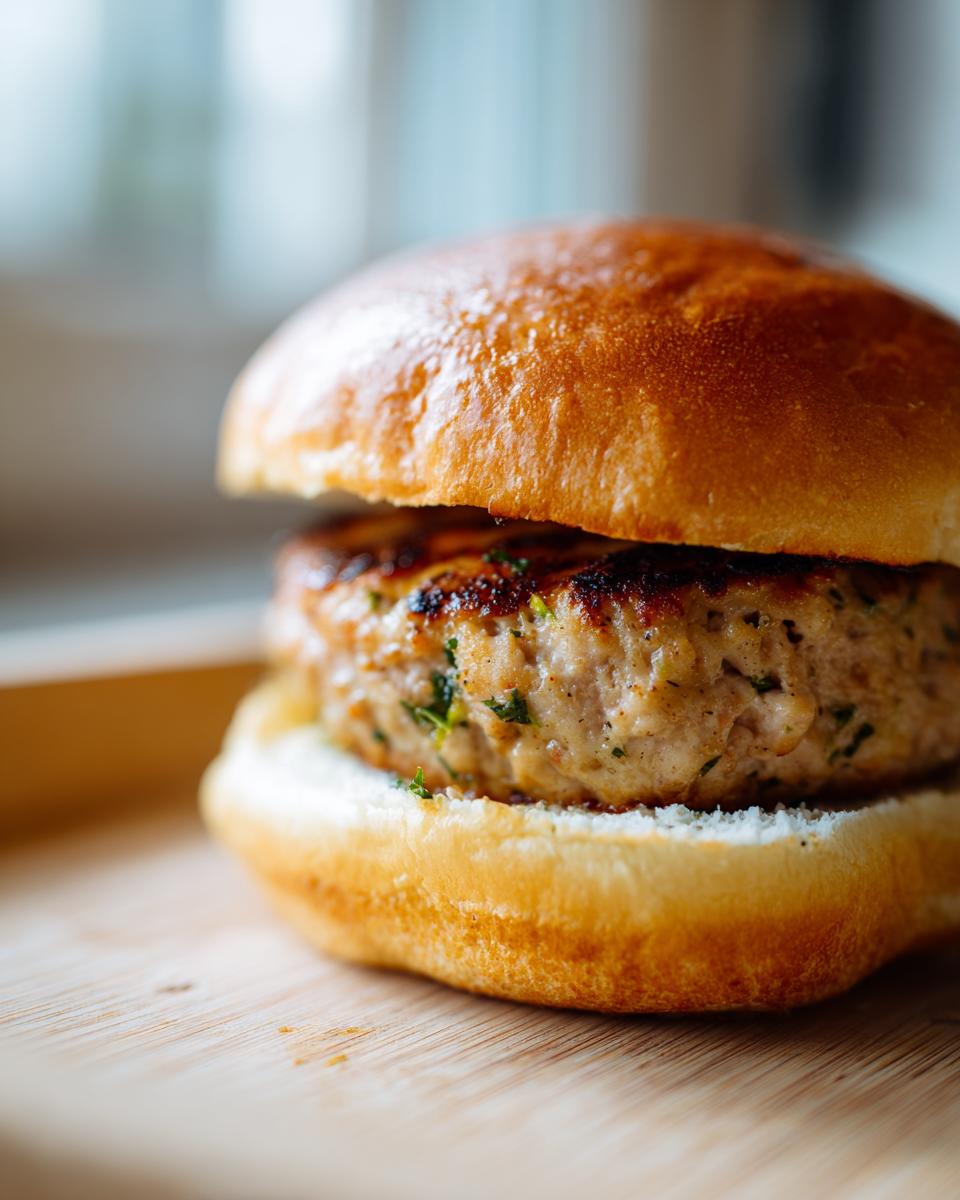Close-up of a perfectly grilled, juicy turkey burger patty on a toasted bun, seasoned with herbs.