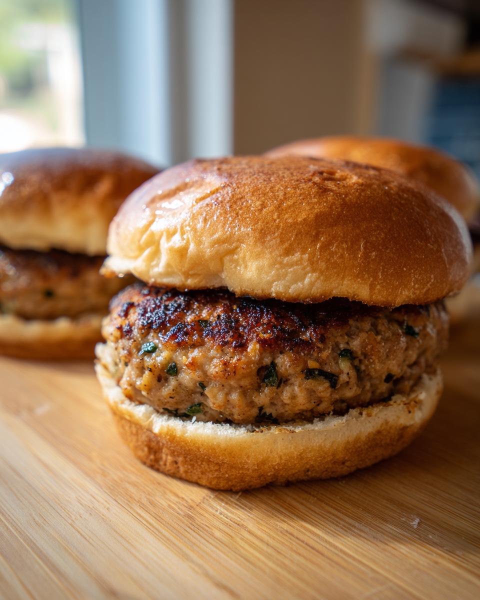 Close-up of a juicy turkey burger on a bun, part of a grilling recipe, with other burgers blurred in the background.