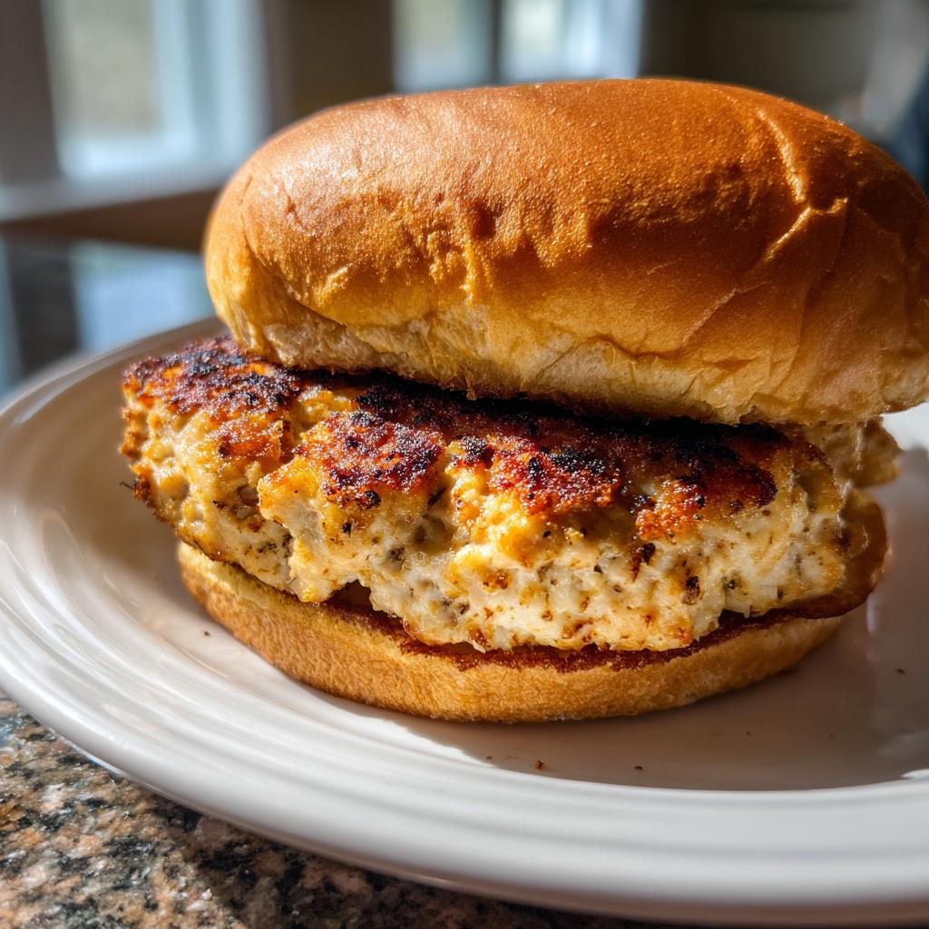 A close-up of a juicy turkey burger on a toasted bun, showcasing its perfectly grilled texture.