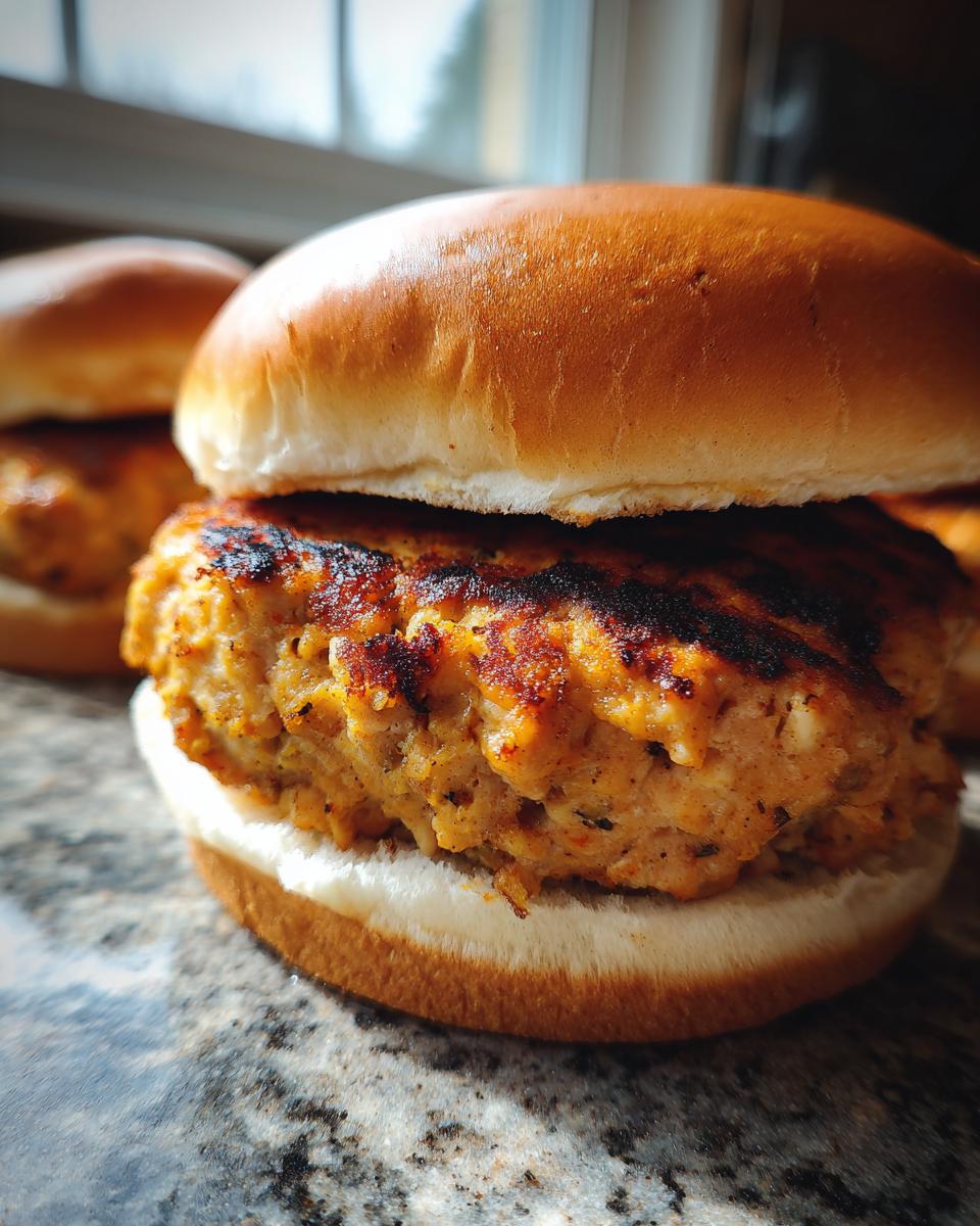 Close-up of a juicy grilled turkey burger on a bun, showcasing its texture and grill marks.