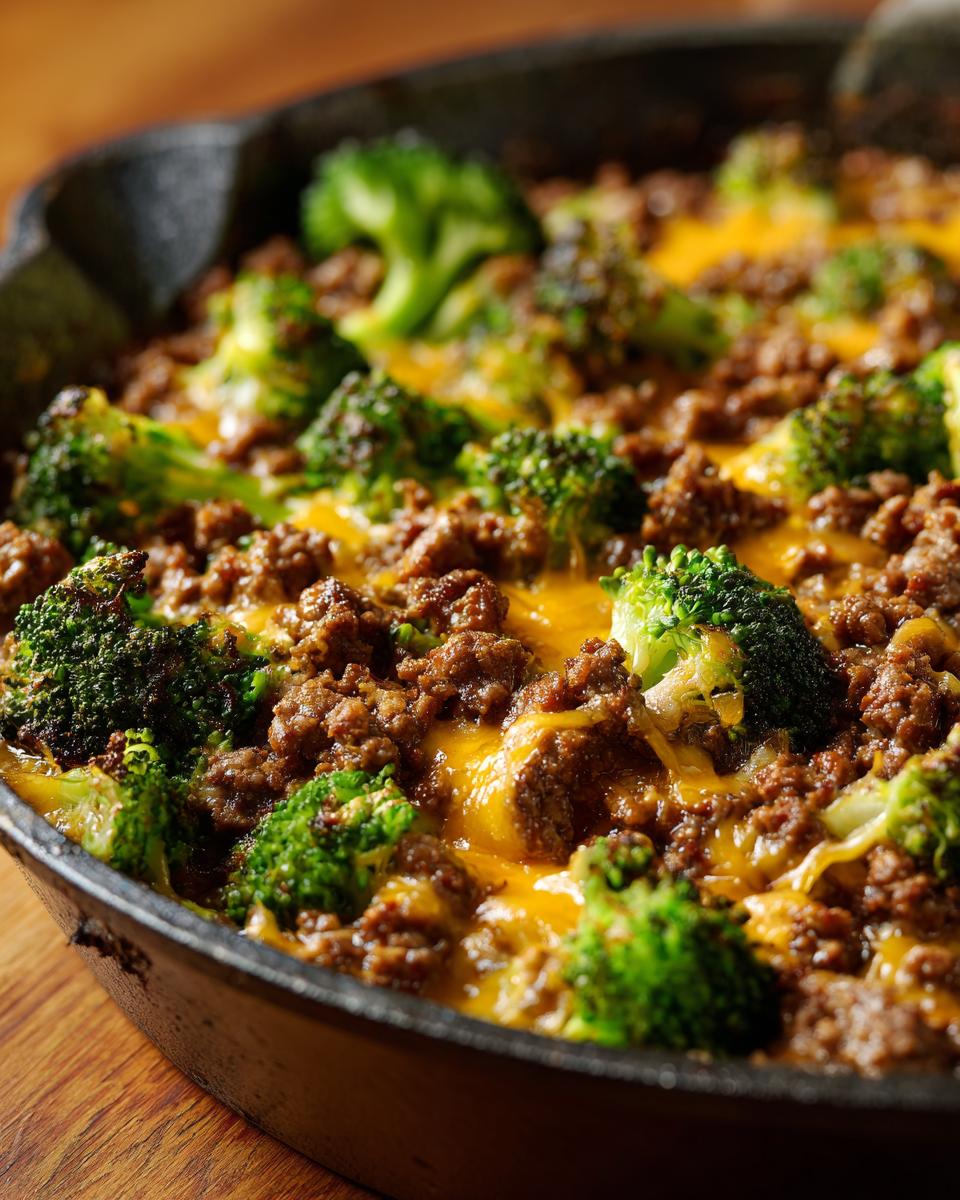 Close-up of a Keto Hamburger Broccoli Skillet with ground beef, broccoli florets, and melted cheddar cheese.