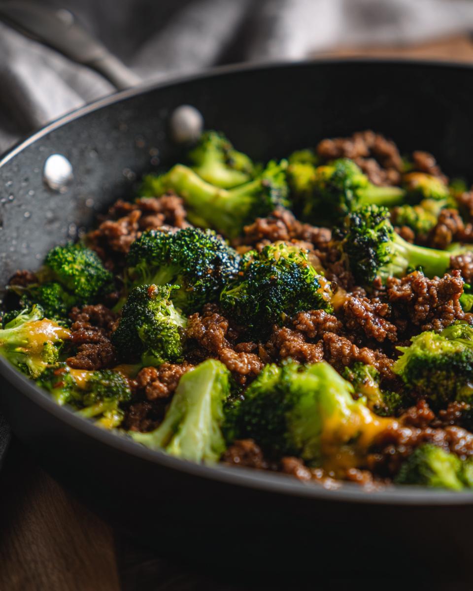 Close-up of a Keto Hamburger Broccoli Skillet in a pan, showing ground beef and broccoli florets with melted cheese.