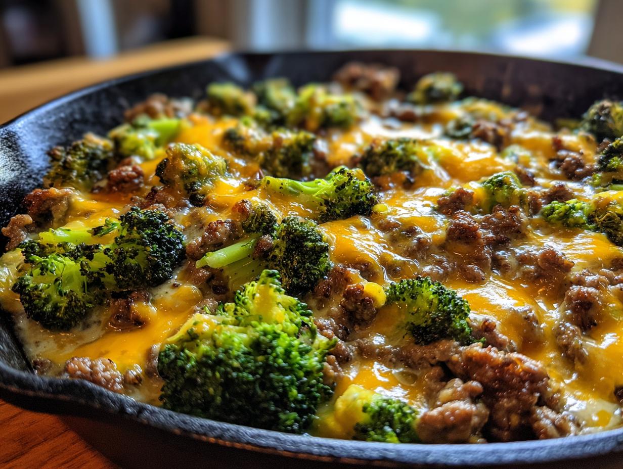 Close-up of a Keto Hamburger Broccoli Skillet with savory ground beef, tender broccoli florets, and melted cheddar cheese.