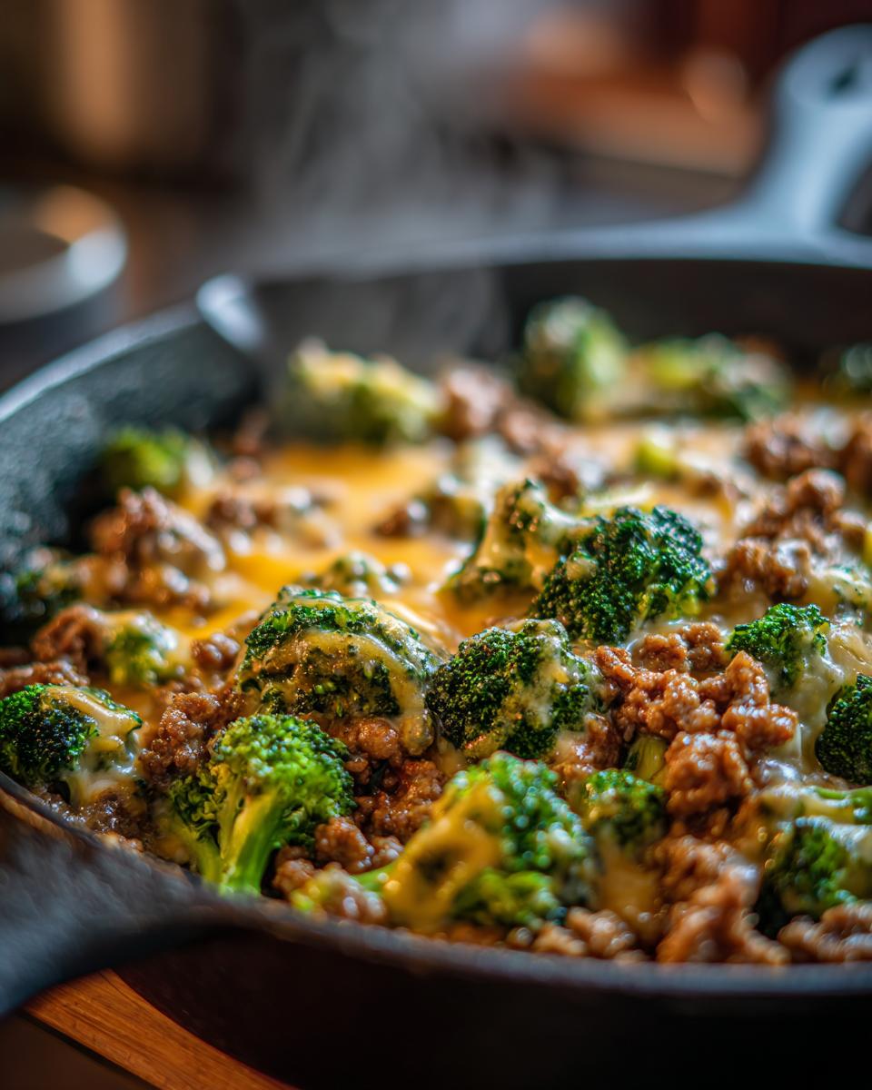 Close-up of a steaming Keto Hamburger Broccoli Skillet with ground beef, broccoli florets, and melted cheese.