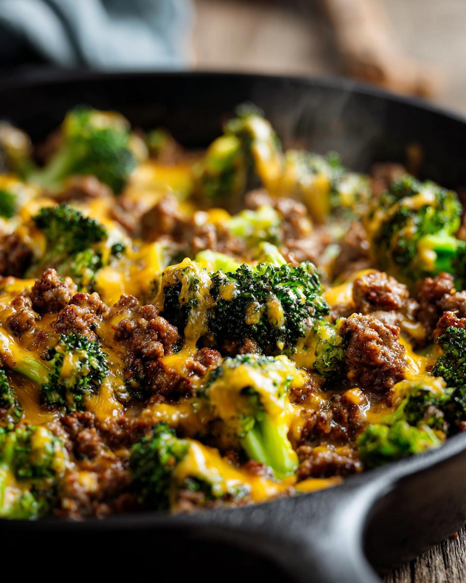 Close-up of a steaming Keto Hamburger Broccoli Skillet with melted cheddar cheese.