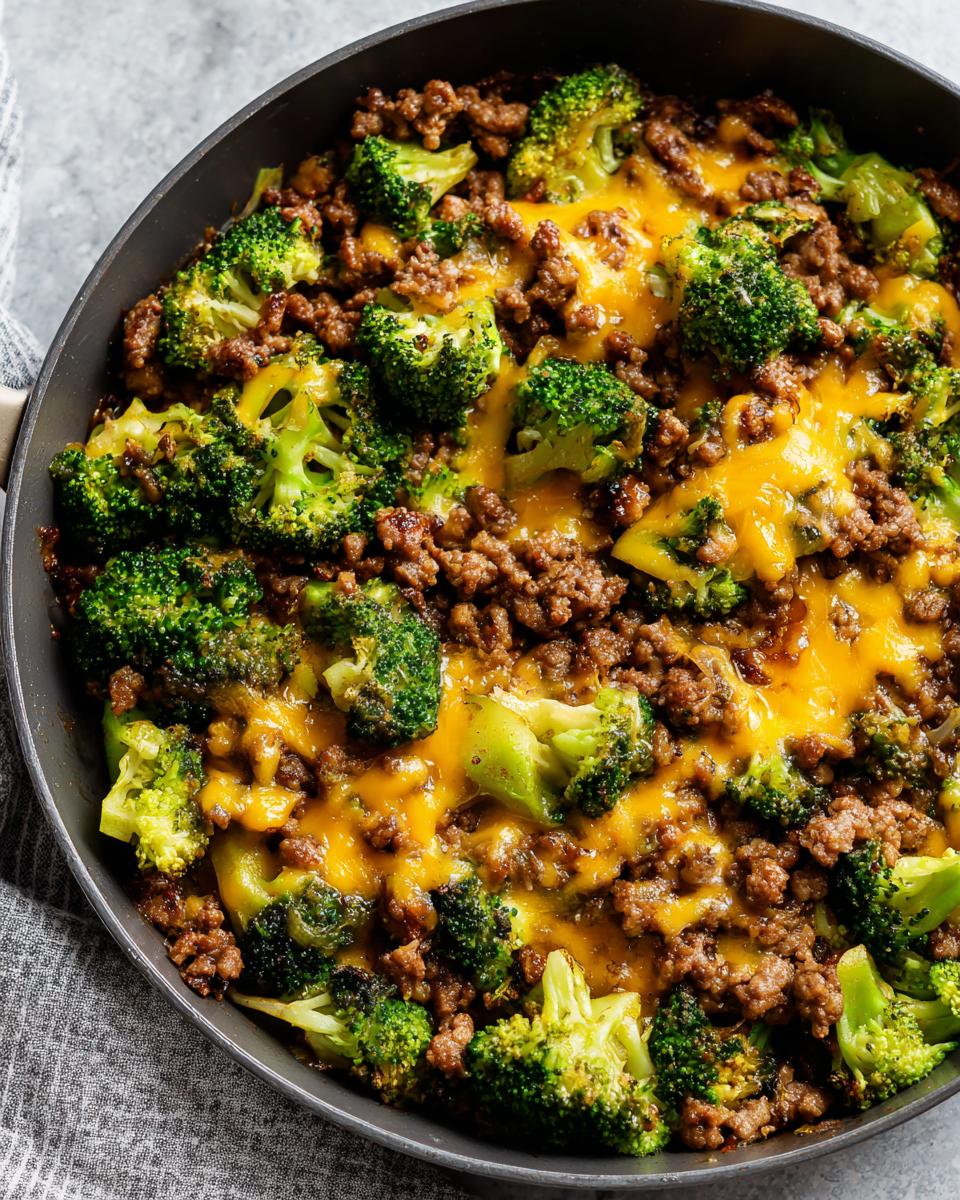 Close-up of a Keto Hamburger Broccoli Skillet topped with melted cheddar cheese.