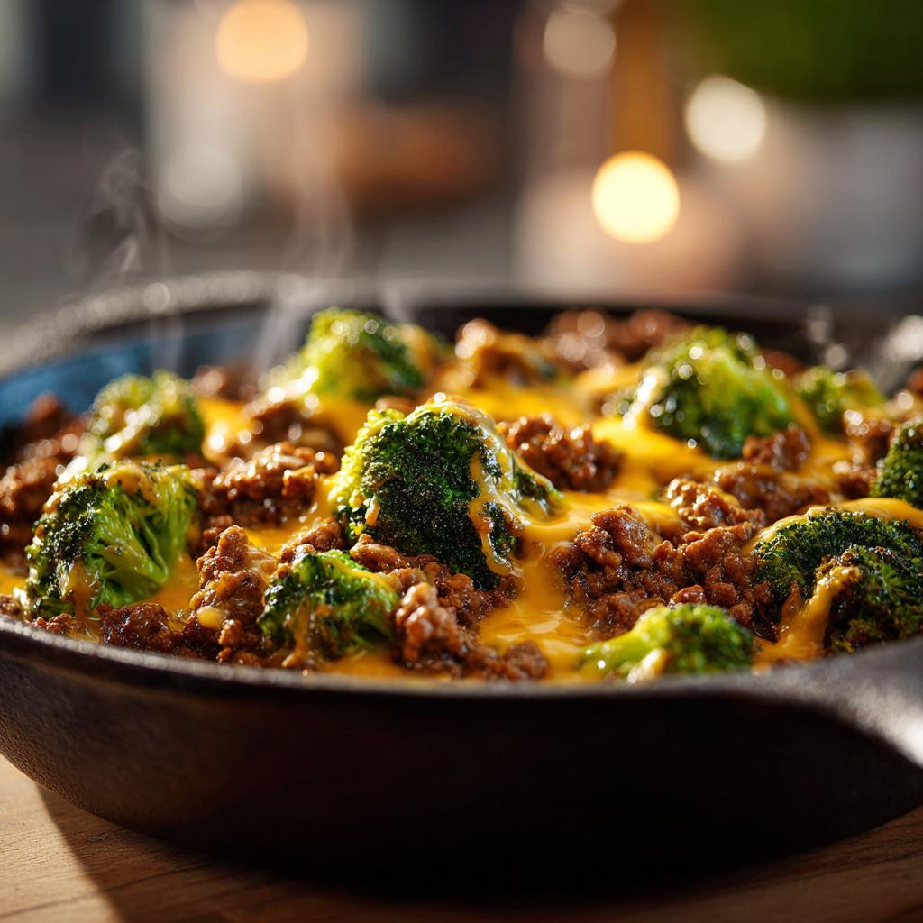 A close-up shot of a steaming Keto Hamburger Broccoli Skillet topped with melted cheese.