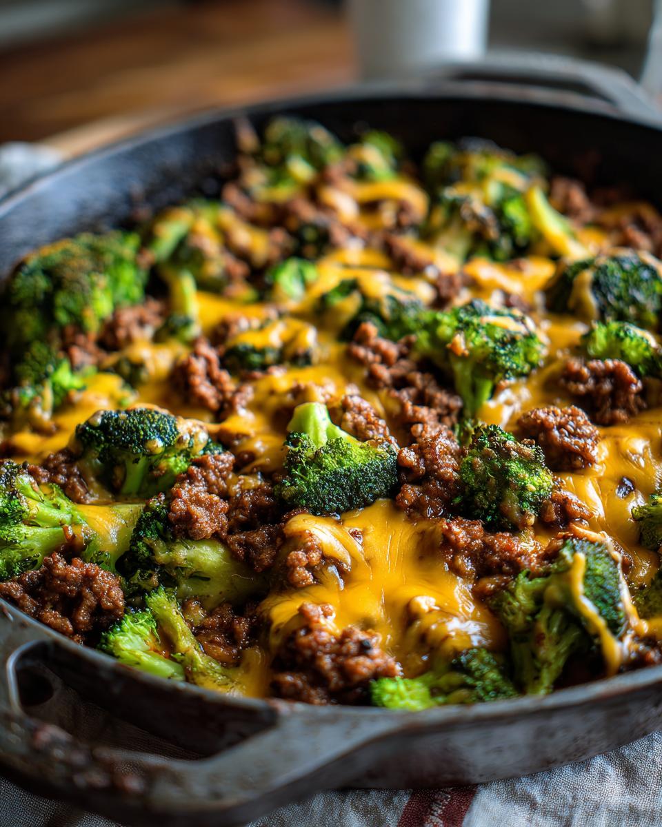 Close-up of a Keto Hamburger Broccoli Skillet in a cast iron pan, topped with melted cheddar cheese.
