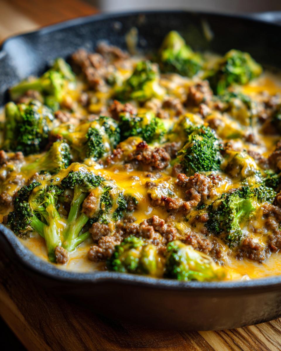 Close-up of a Keto Hamburger Broccoli Skillet, featuring ground beef, broccoli florets, and melted cheddar cheese in a cast iron pan.