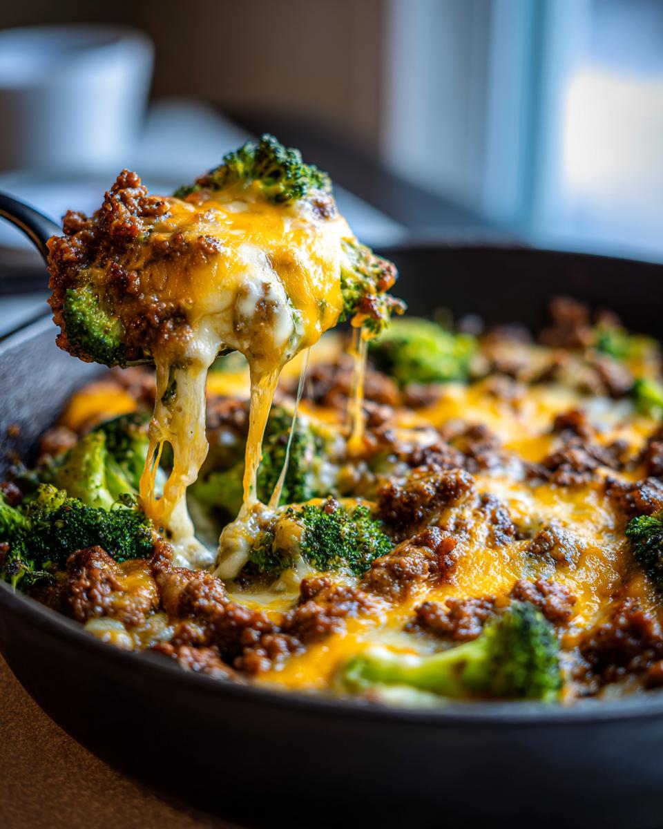A scoop of Keto Hamburger Broccoli Skillet showing melted cheese stretching from the dish.