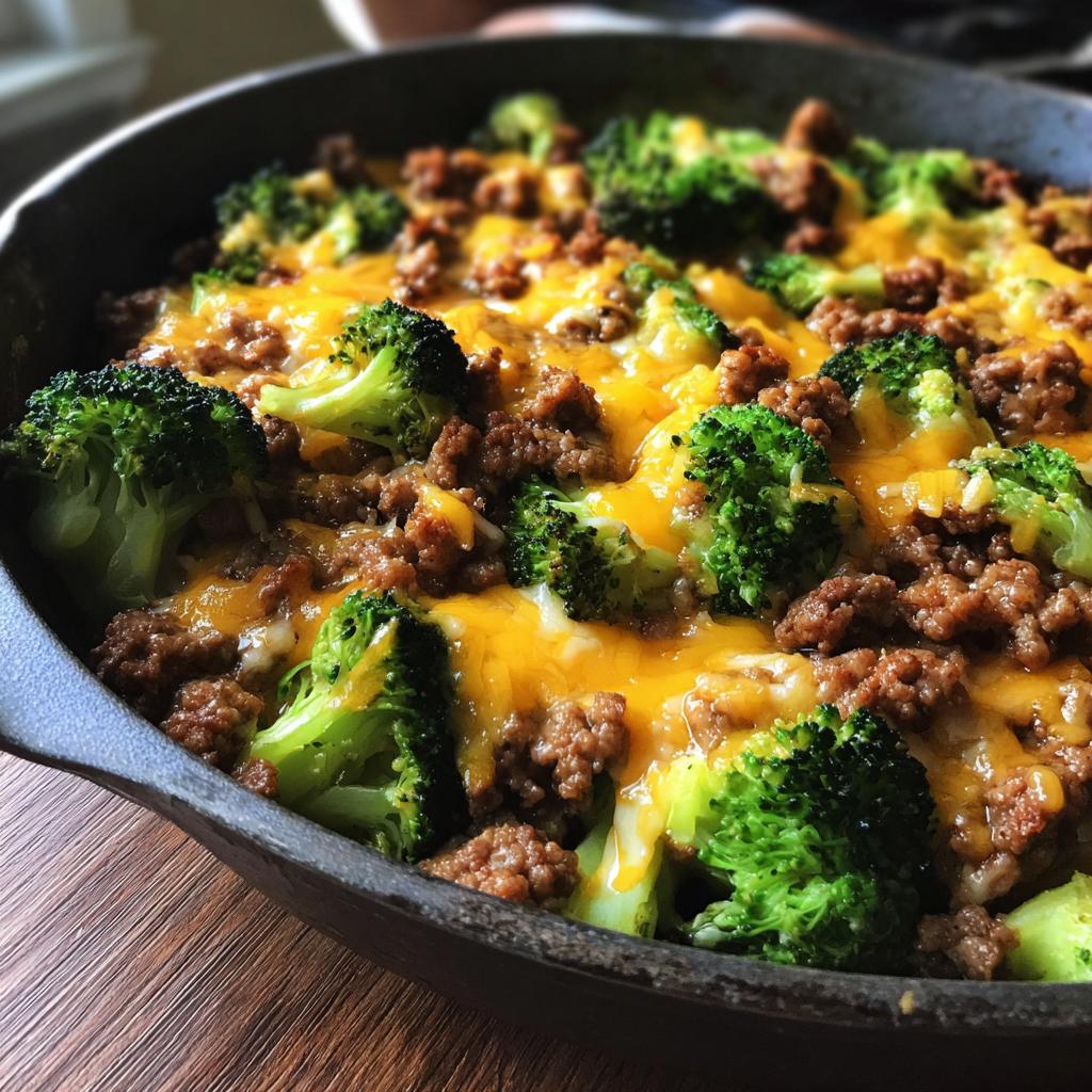 Close-up of a Keto Hamburger Broccoli Skillet dish in a cast iron pan, topped with melted cheddar cheese.