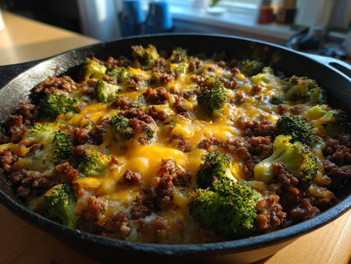 A close-up view of a Keto Hamburger Broccoli Skillet dish, featuring ground beef, broccoli florets, and melted cheddar cheese in a cast-iron pan.