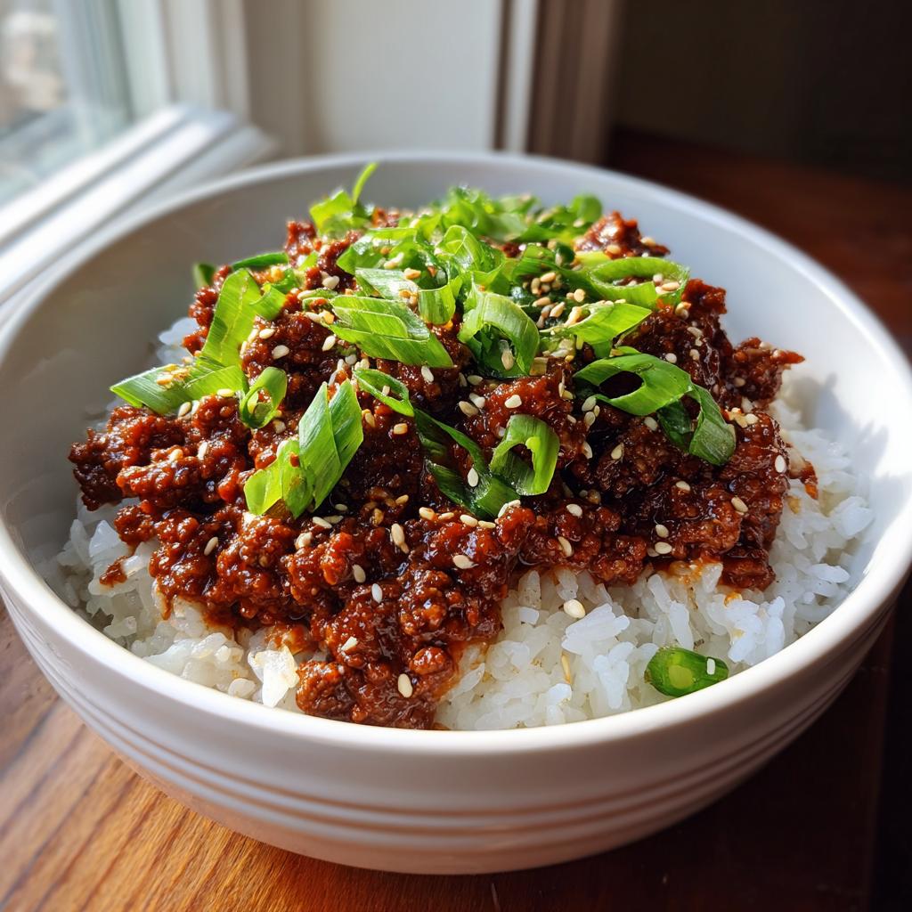 A close-up of a Korean Ground Beef Bowl, featuring savory ground beef over white rice, topped with green onions and sesame seeds.